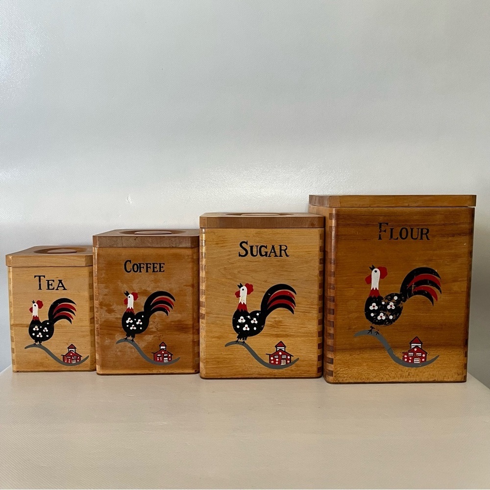 Vintage Wood Hand Painted Rooster Canister Set of 4